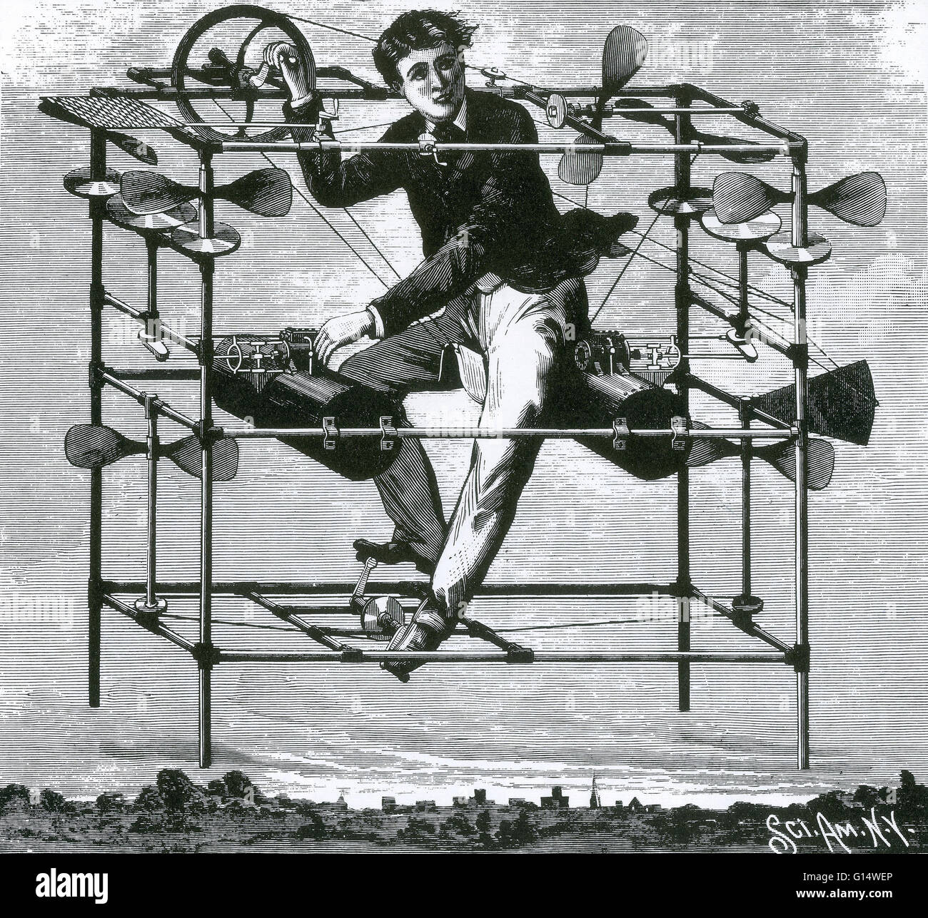 Bühnengerät, erfunden von Dr. W. O. Ayres von New Haven (1885) bekam seine Kraft aus der Luft komprimiert bis 3,000 Pfund pro Quadratzoll in zwei Trommeln. Luft sollte um durch Rohre, Motoren, zuletzt für mehrere Stunden zu füttern. Die vier horizontalen Propeller dienen t Stockfoto