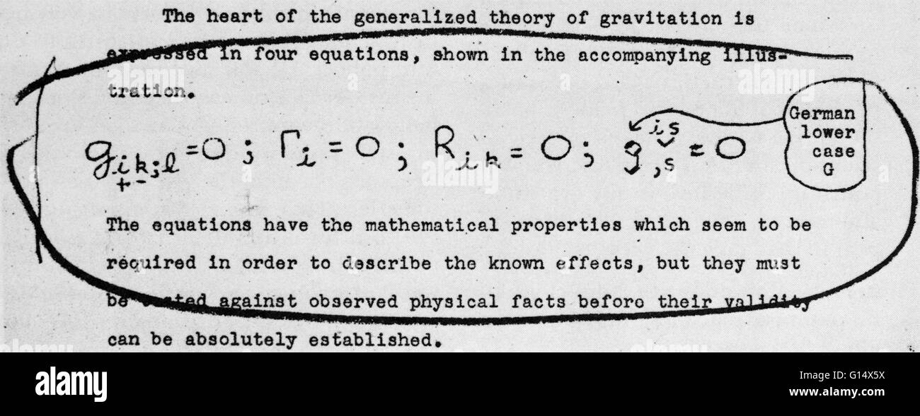 Die vier Gleichungen im Zusammenhang mit Einsteins Theorie der Schwerkraft, eine Theorie entscheidend für Einsteins Allgemeine Relativitätstheorie. Albert Einstein (14. März 1879 - 18. April 1955) war ein deutschstämmiger theoretischer Physiker, der allgemeinen Relativitätstheorie entwickelt Stockfoto