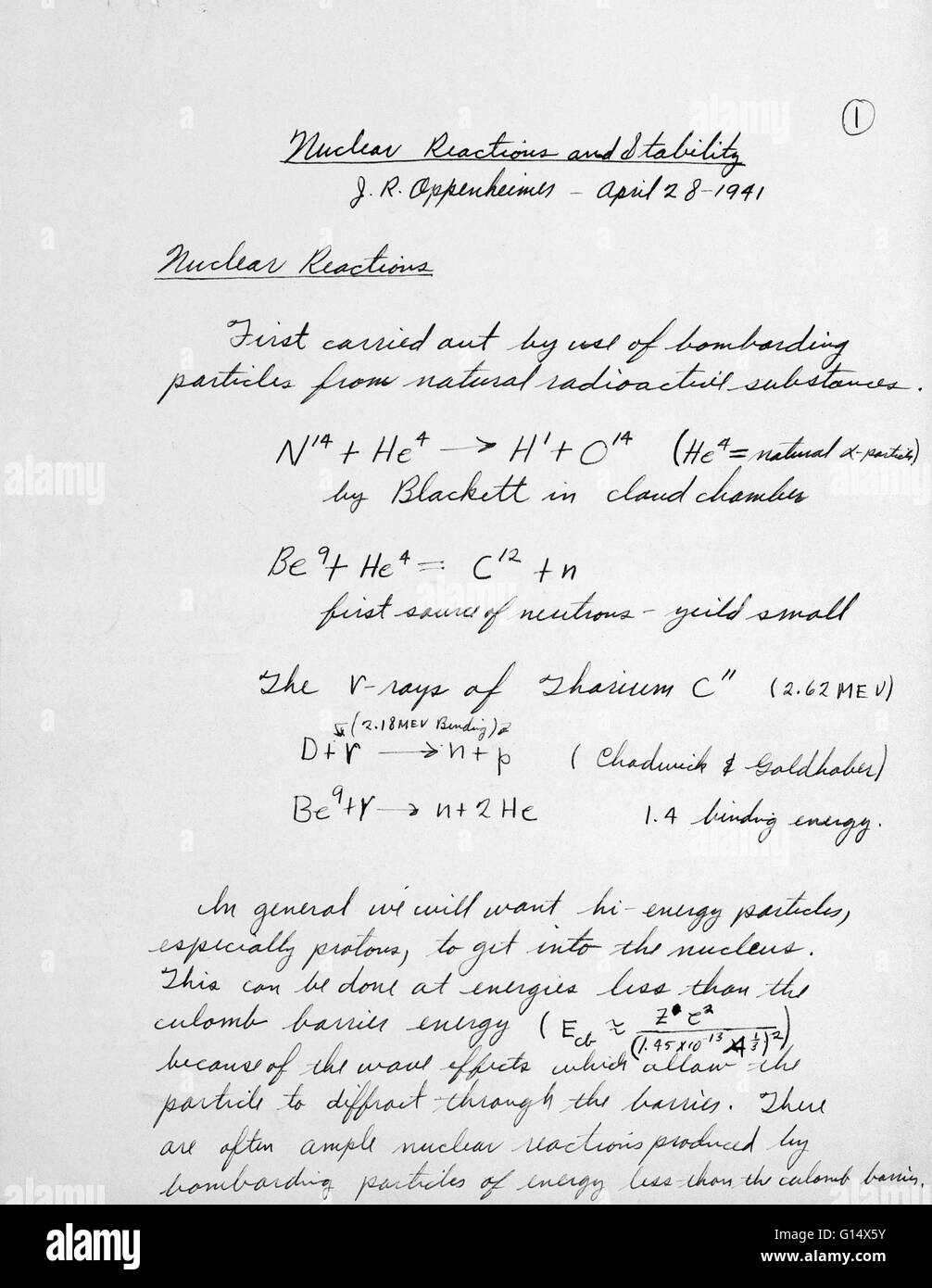 Gleichungen von J. Robert Oppenheimer zur Lösung des Problems wie Uran-235 (explosive Form von Uran) trennen die natürliche, unfissionable Uran-238, als einen Schritt in der Erfindung der ersten Atombombe entwickelt. Stockfoto