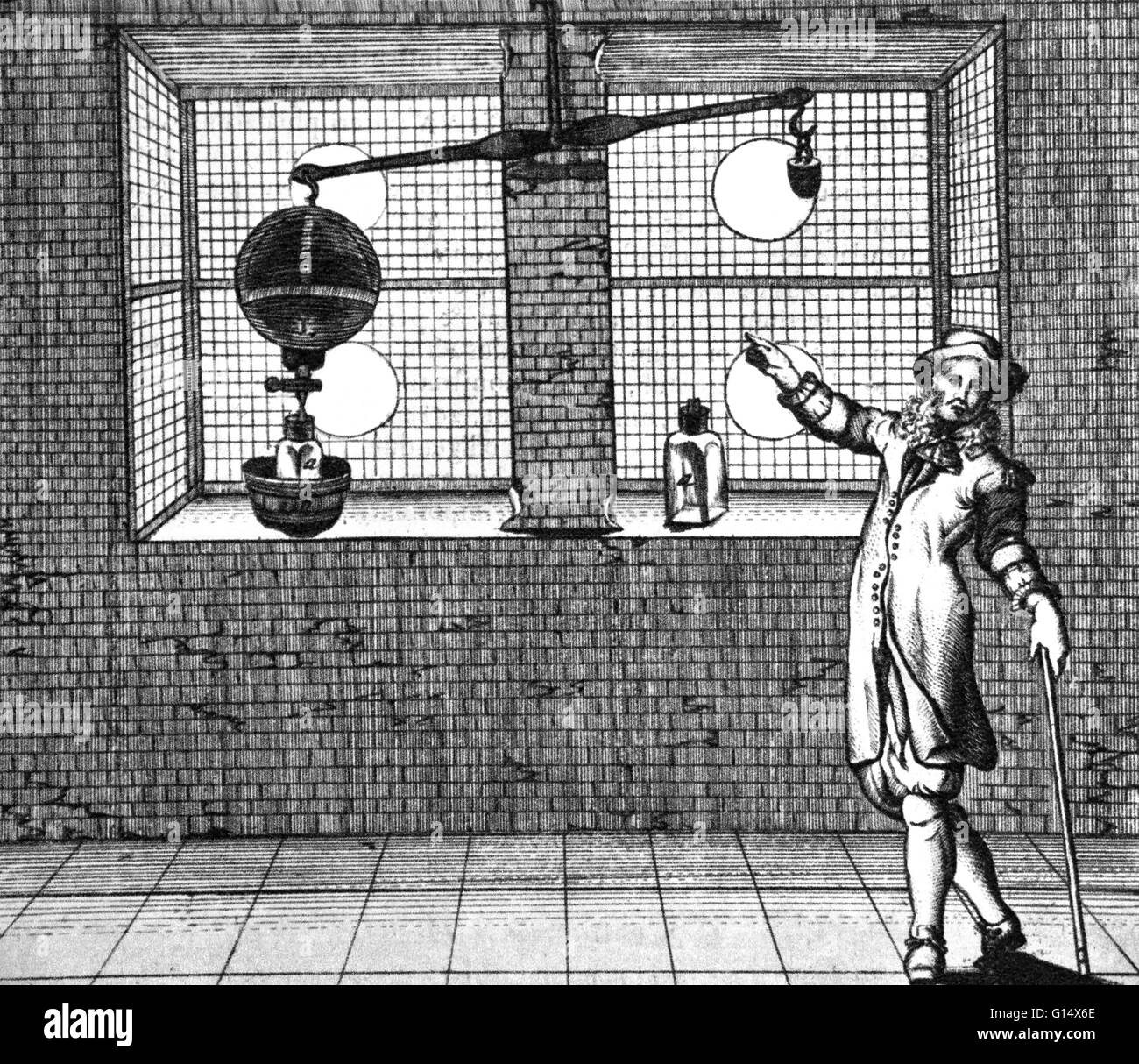 Einer der Otto-von-Guericke-Experimente zum Nachweis der Rechtswissenschaftlichen Horror Vacui, die besagt, dass ein Vakuum vorhanden ist und Luft Gewicht hat. Otto von Guericke (30. November 1602 - 21. Mai 1686) war ein deutscher Wissenschaftler, Erfinder und Politiker. Seine wichtigsten wissenschaftlichen Stockfoto