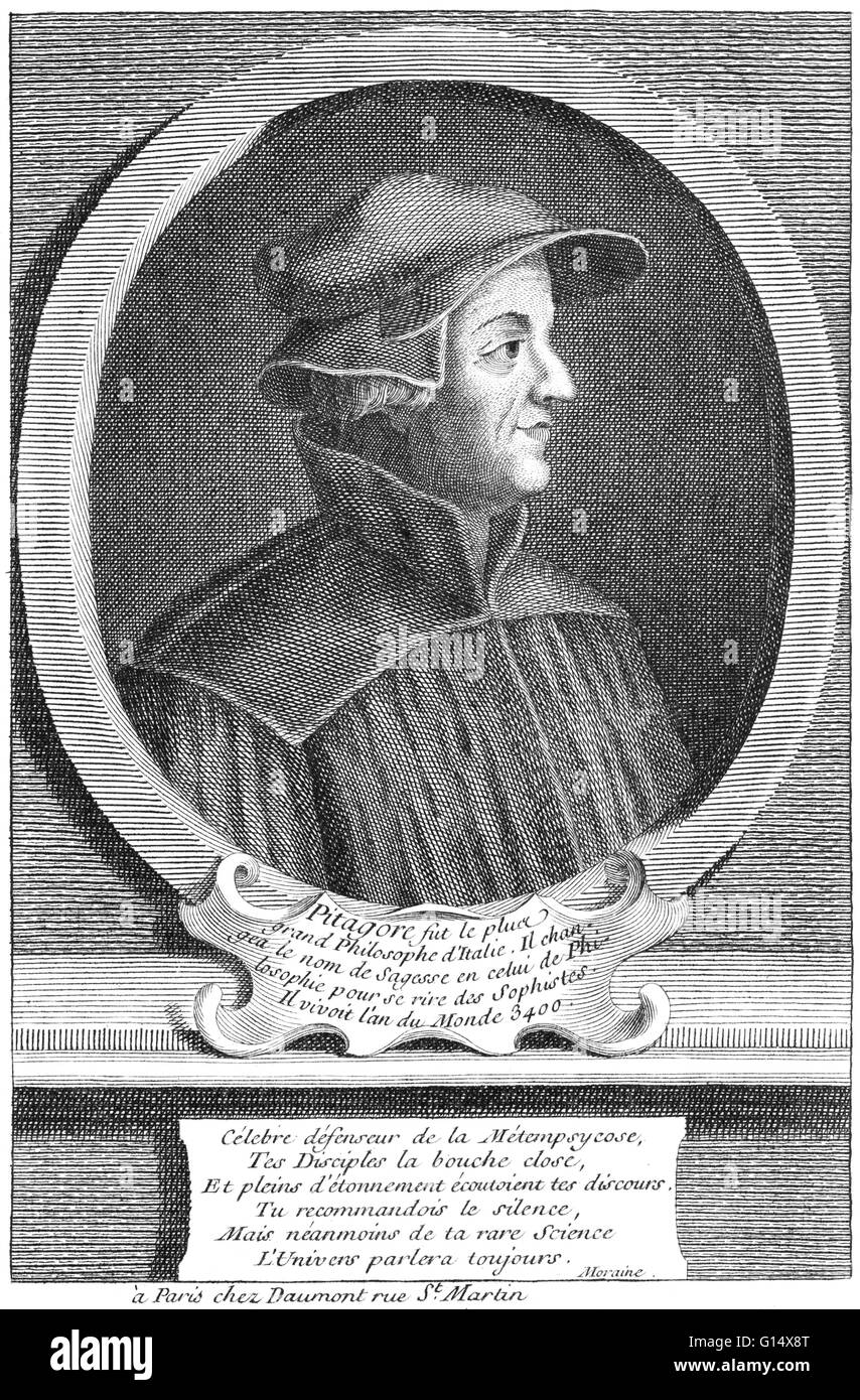 Pythagoras von Samos (570-495 BC) war eine antike griechische Philosoph und Mathematiker und Gründer der religiösen Bewegung namens Begnadigung. Er machte einflussreiche Beiträge zu Philosophie und Religion im späten 6. Jahrhundert BC. Oft wird er verehrt Stockfoto