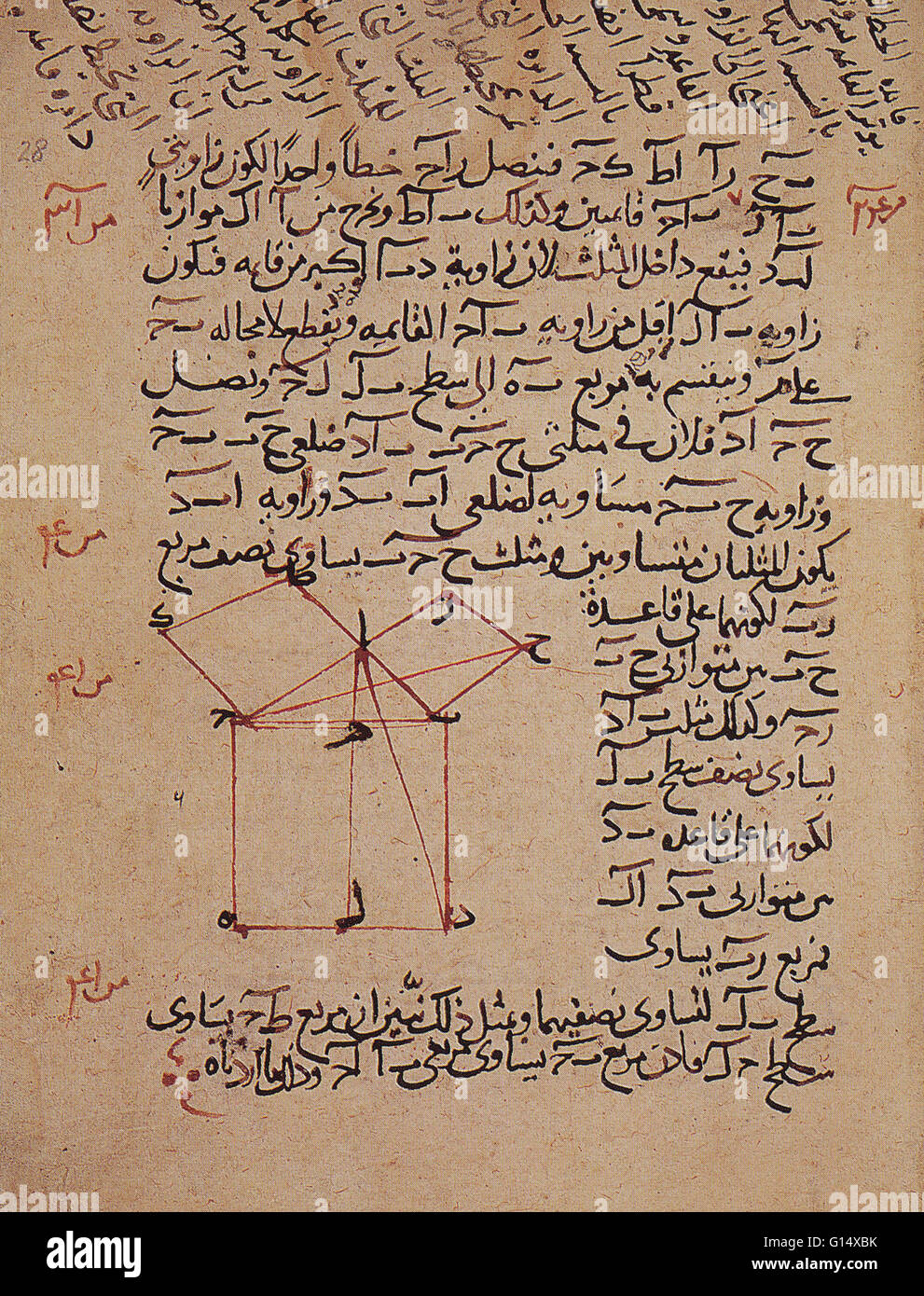 Satz des Pythagoras aus einem arabischen Lehrbuch. In der Mathematik ist der Satz des Pythagoras, auch bekannt als Pythagoras Pythagoras, eine Beziehung in der euklidischen Geometrie unter den drei Seiten eines rechtwinkligen Dreiecks. Es besagt, dass das Quadrat der Hypotenuse (Seite Op Stockfoto