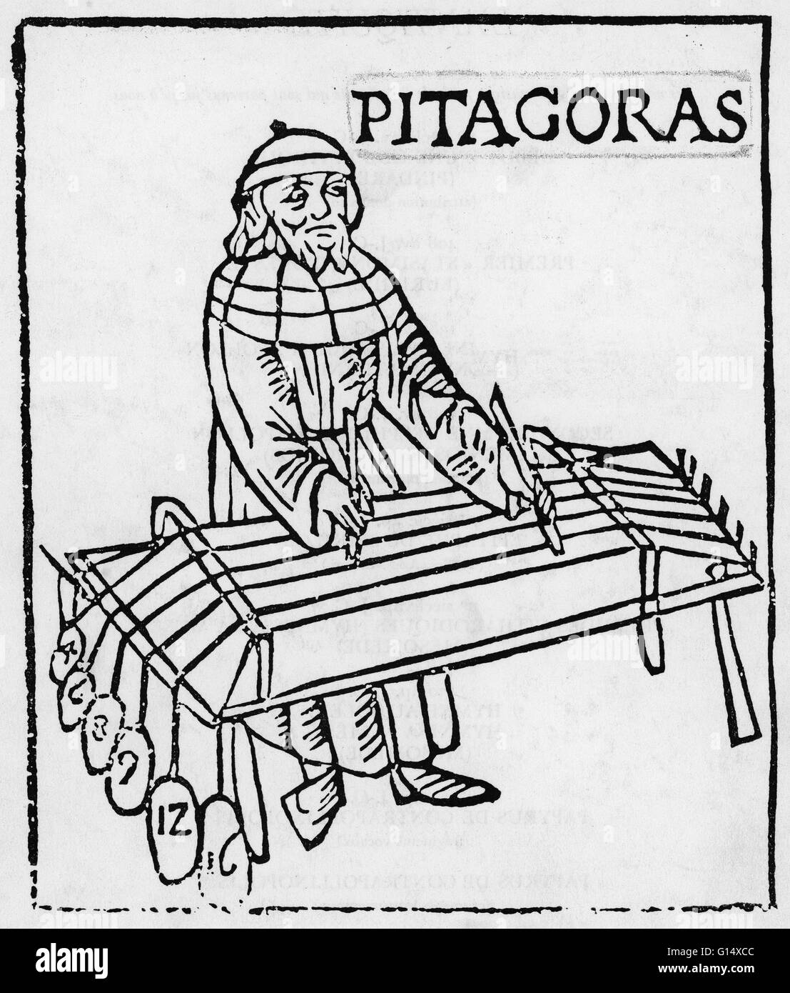 Holzschnitt von Gafurius des Pythagoras. Der Holzschnitt heißt "Theorica Musicae" (1492). Pythagoras bestimmt ein Gerät mit einem Satz von gewichteten Zeichenfolgen, die mathematischen Beziehungen zwischen den Frequenzen der Töne in der Tonleiter. Pythagoras von Samos, Stockfoto