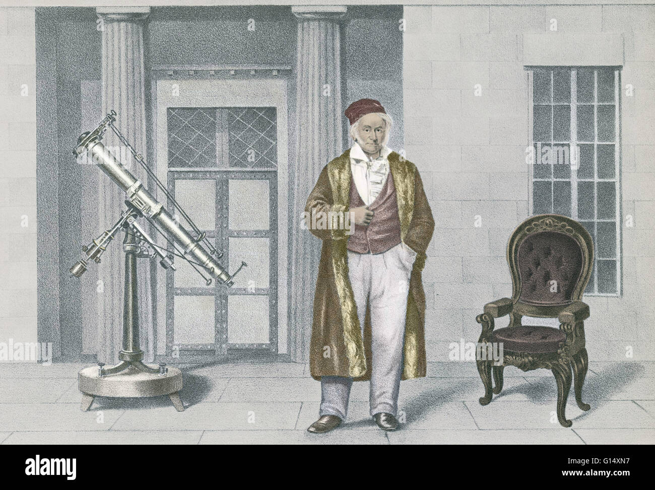 Karl Friedrich Gauss. Artwork von dem deutschen Mathematiker Karl Friedrich Gauss (1777-1855). Er sieht man hier auf der Terrasse der Sternwarte an der Universität Göttingen. Gauss war ein Wunderkind aus einer armen Familie, seine Ausbildung bezahlt wurde durch die Stockfoto