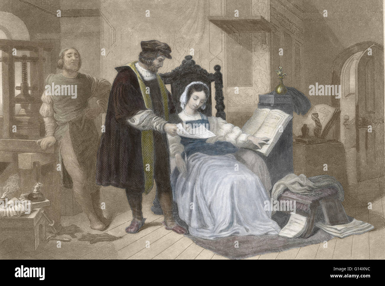 Gravur mit dem Titel Ersteindruck Gutenberg zeigt seine Tochter den ersten Beweis seiner Bibel von Movable Type gedruckt. Johannes Gensfleisch Zur beladenes Zum Gutenberg (1398 - 3 Februar 1468) war ein deutscher Schmied, Goldschmied, Drucker und publ Stockfoto