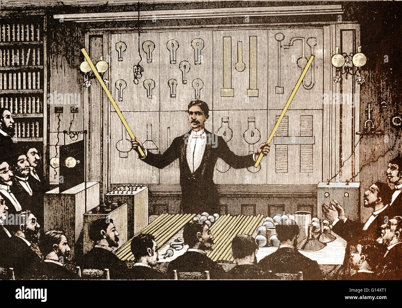 Tesla enthüllt die Tugenden der Wechselstrom Strom. Nikola Tesla (10. Juli 1856 - 7. Januar 1943) war ein Serbisch-amerikanische Erfinder, Maschinenbau-Ingenieur, Elektrotechniker und Futurist. Er war ein wichtiger Faktor für die Nutzung der commercia Stockfoto