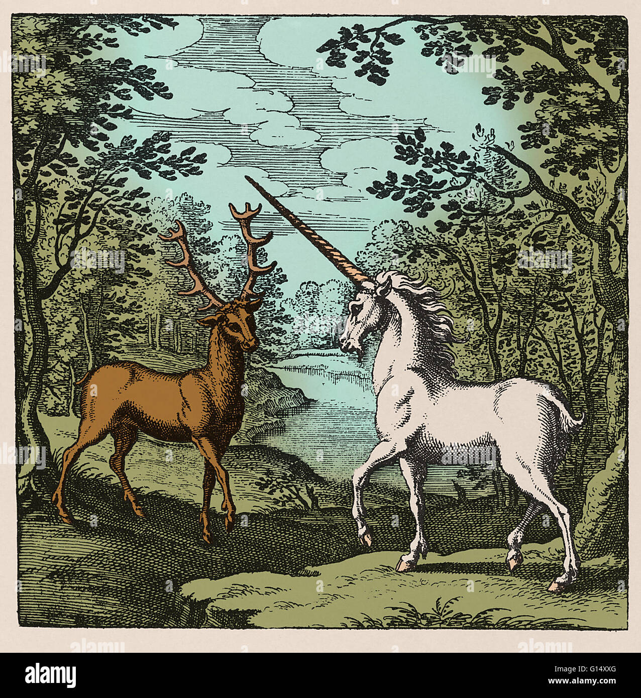 Alchemie. Historisches Bildmaterial aus dem Buch von Lambspring (1749-Ausgabe, zuerst veröffentlicht 1625) einer Zusammenkunft ein Reh und ein Einhorn in einem Wald. In der Alchemie der Hirsch bedeutete die Sonne oder die Seele und das Einhorn vertreten, den Mond oder den Geist. Die fo Stockfoto