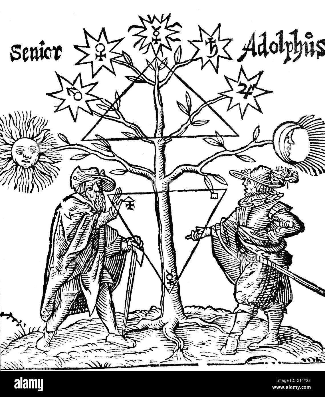 Der himmlische Baum, aus einem Werk lange zugeschrieben Basil Valentine, ein 15. Jahrhundert Mönch, dessen Existenz nun angezweifelt wird. Die astrologischen Symbole zeigen die mystische Natur der Alchemie. Alchemie war die pseudo-wissenschaftliche Vorläufer der Chemie. Unter o Stockfoto