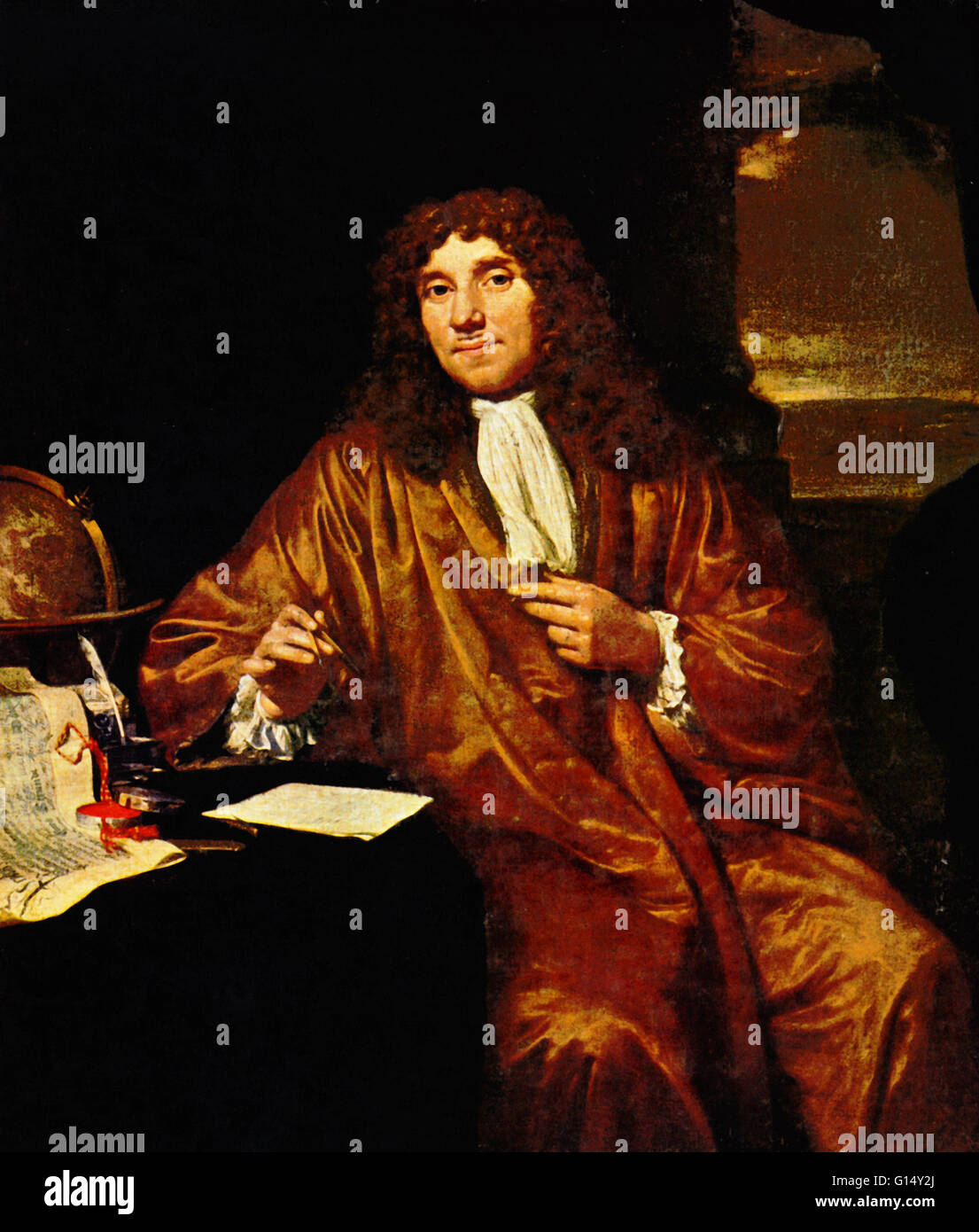 Antonie Philips van Leeuwenhoek (1632-1723) war ein niederländischer Kaufmann und Wissenschaftler. Er ist bekannt als "der Vater der Mikrobiologie", und als der erste Mikrobiologe. Er ist bekannt für seine Arbeit an der Verbesserung des Mikroskops und seine con Stockfoto