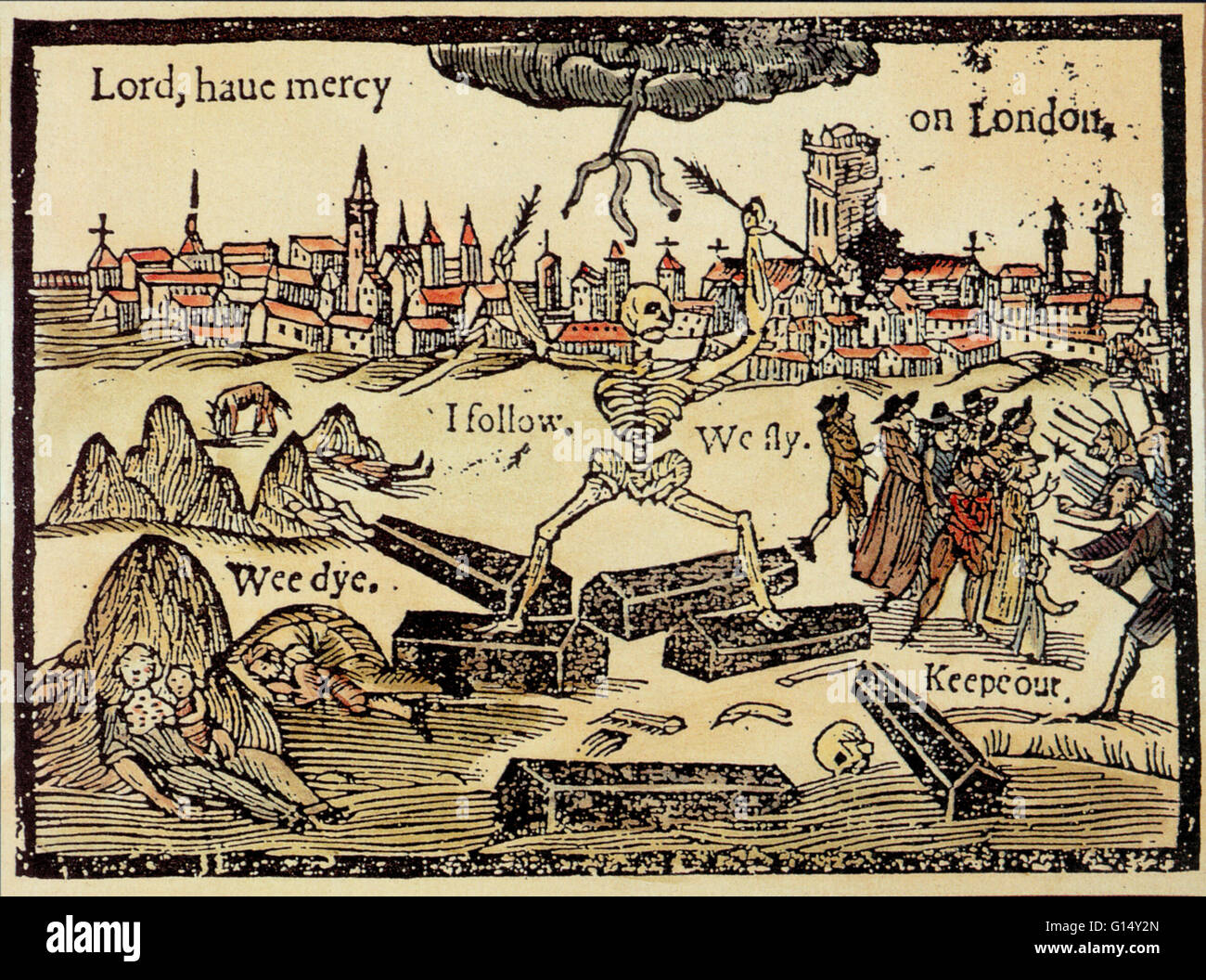 Triumphierende Tod jagt Londoner aus ihrer Stadt, aber Country-Folk (rechts), Angst vor der Krankheit, fahren sie zurück. Das Bild ist das Titel-Kunstwerk aus einem 17. Jahrhundert Broschüre über die Auswirkungen der Seuche auf London. Diese Broschüre, A-Rod für Run-Awayes, durch Stockfoto