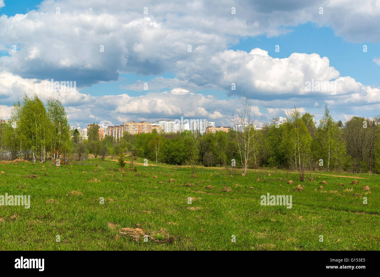 Natürliche Sommerlandschaft mit der Stadt in der Ferne Stockfoto