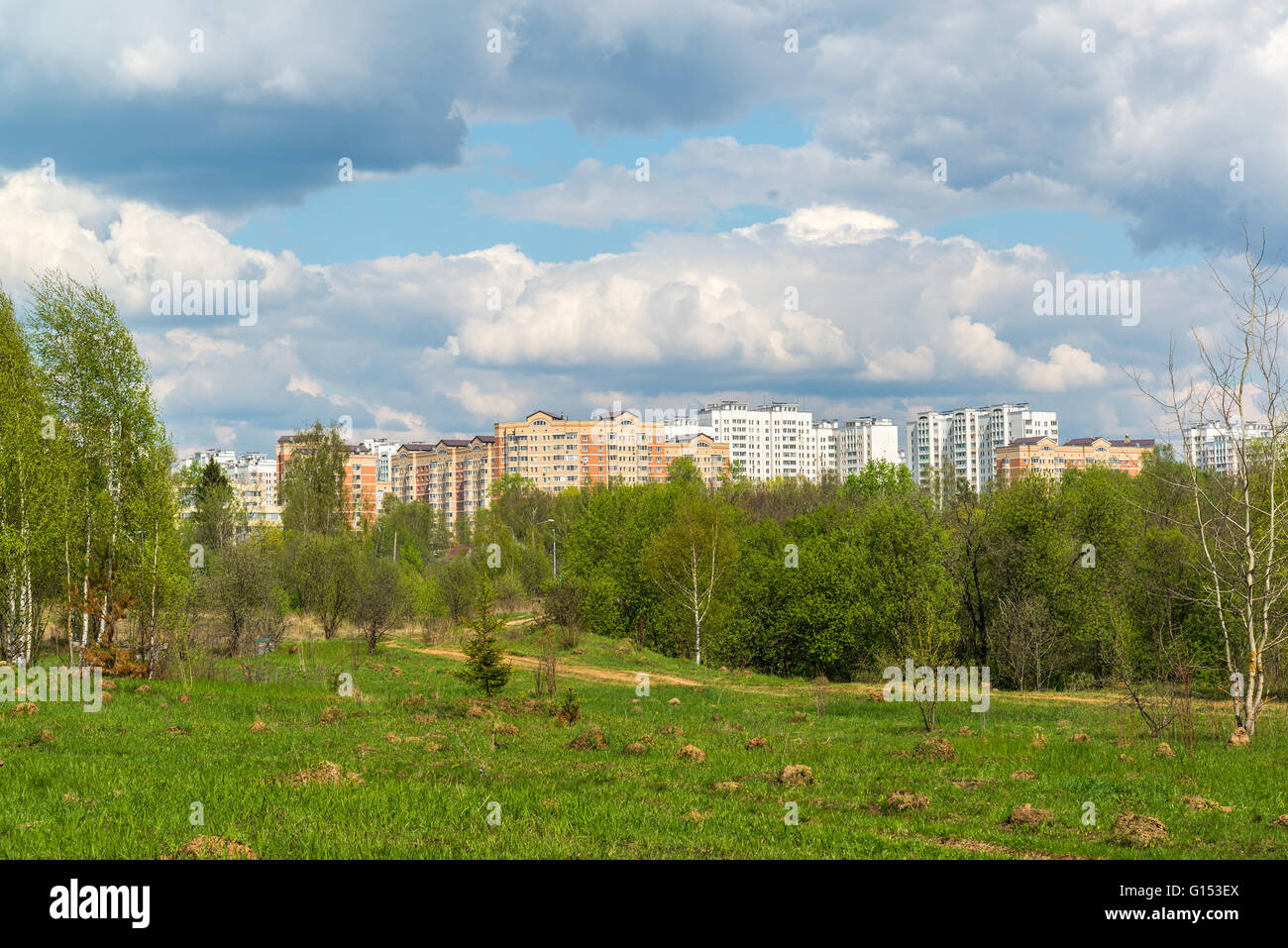 Natürliche Sommerlandschaft mit der Stadt in der Ferne Stockfoto