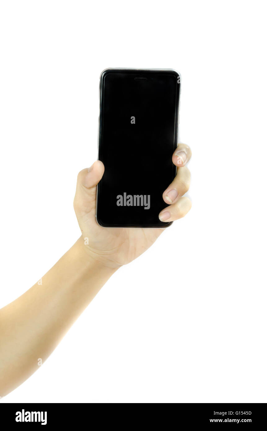 Frau Hand mit leeren Bildschirm Smartphone auf weißem Hintergrund Stockfoto