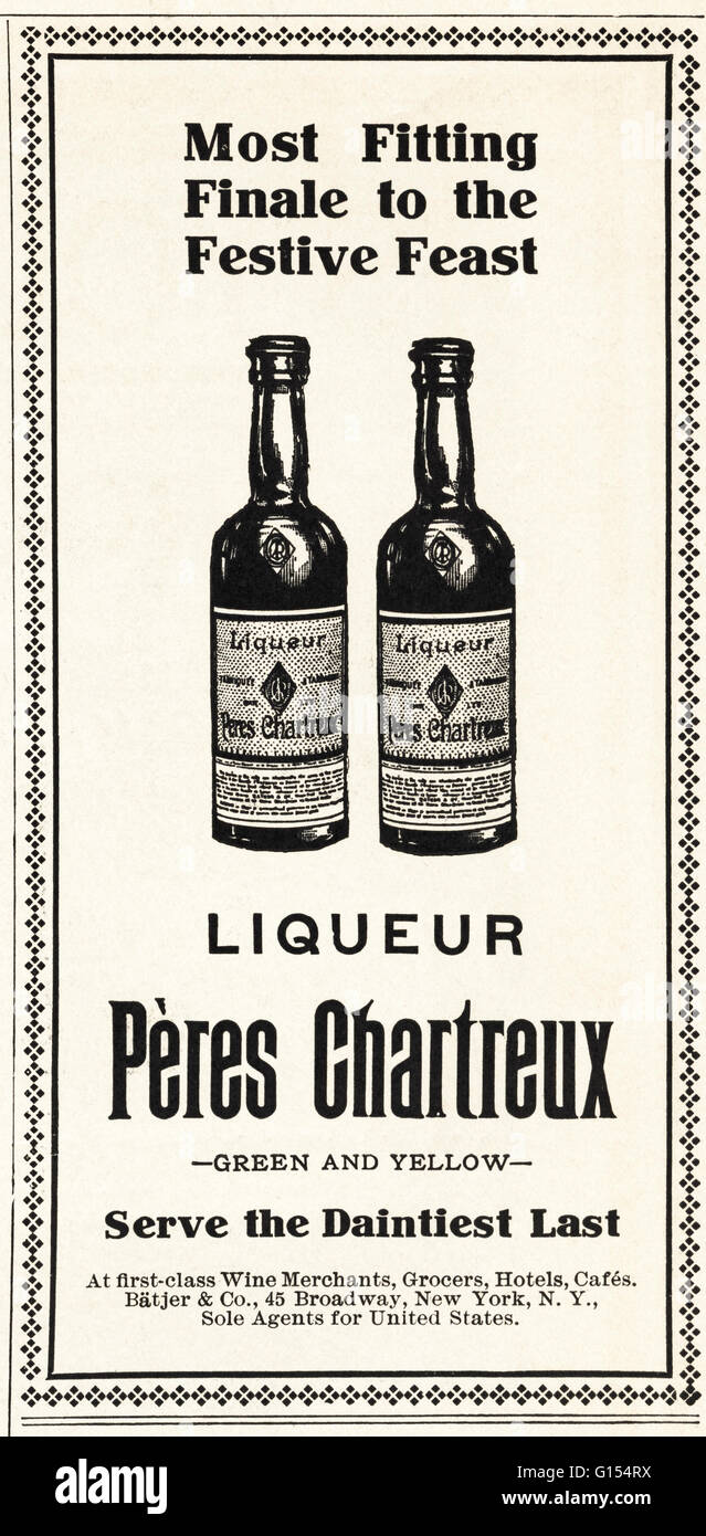 Original alte Vintage American Magazin Anzeige aus der Edwardian Ära datiert 1910. Werbung Werbung Peres Chartreux Likör Stockfoto