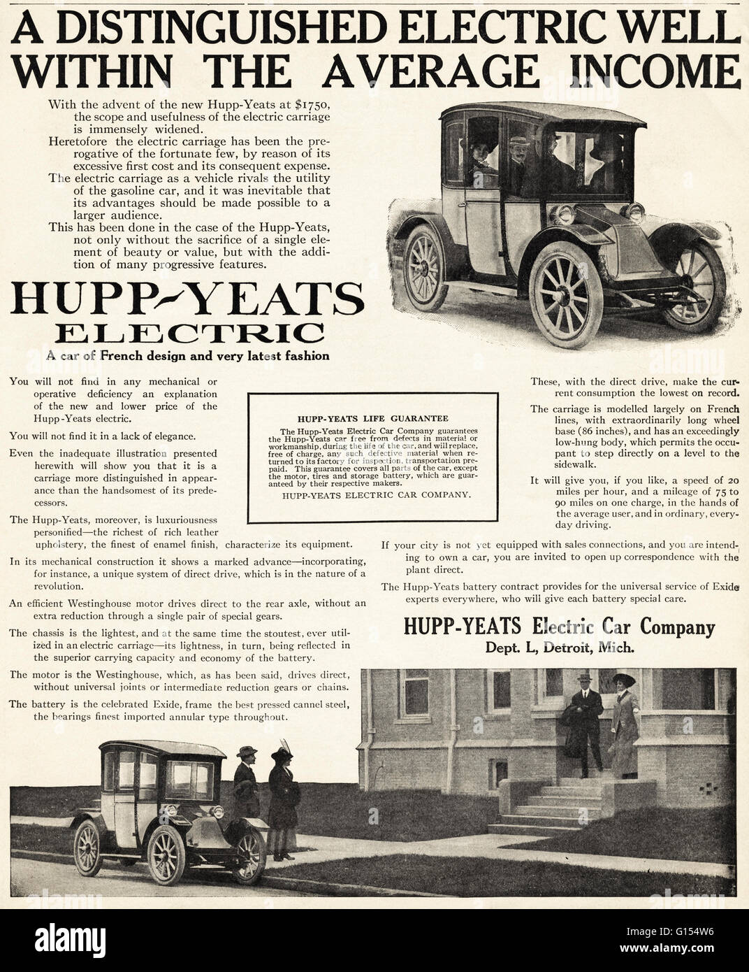Original alte Vintage American Magazin Anzeige aus der Edwardian Ära datiert 1910. Werbung Werbung Hupp-Yeats Electric Car Company in Detroit Michigan USA Stockfoto