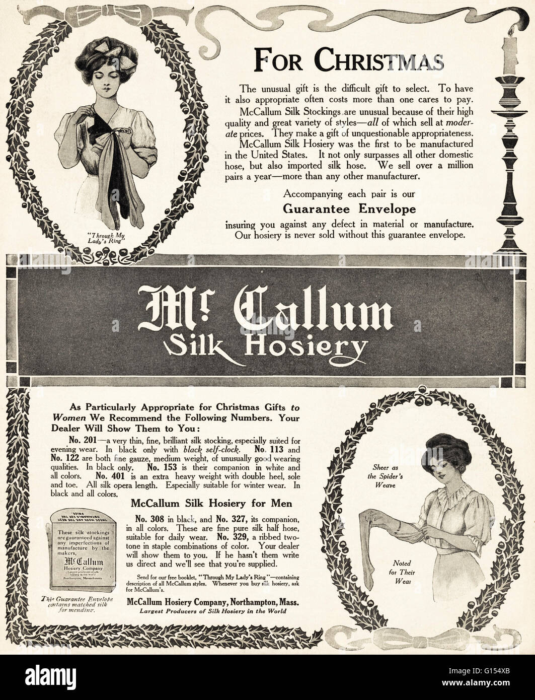 Original alte Vintage American Magazin Anzeige aus der Edwardian Ära datiert 1910. Werbung Werbung Herr Callum Seide Strümpfe für Weihnachten von McCallum Strumpfwaren Company of Northampton Massachusetts, USA Stockfoto