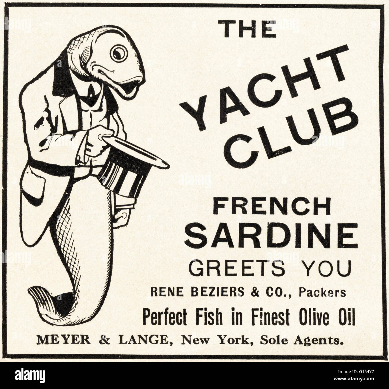 Original alte Vintage American Magazin Anzeige aus der Edwardian Ära datiert 1910. Werbung Werbung The Yacht Club Französisch Sardine Stockfoto