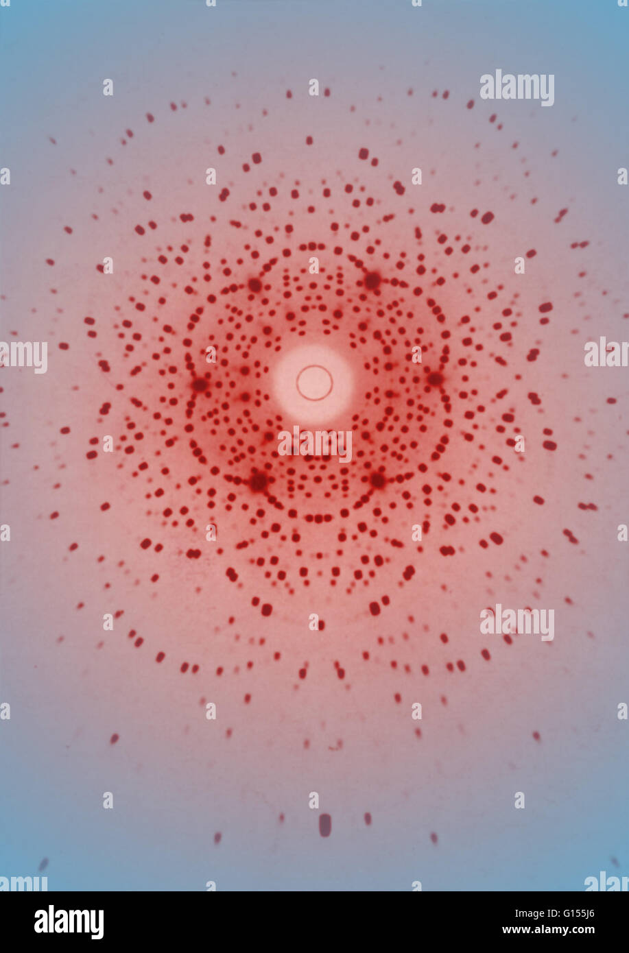 Wie der drehbare gespiegelten Ball, die ein Schlaglicht auf eine Tanzfläche widerspiegelt, Fragmente ein Kristalls von Beryl einen Strahl von Röntgenstrahlen. Die schmale Strahl wurde durch die Beryl projiziert, und die schwarzen Flecken spiegeln das regelmäßige Gitter der Atome im Inneren des Kristalls. Dies Stockfoto