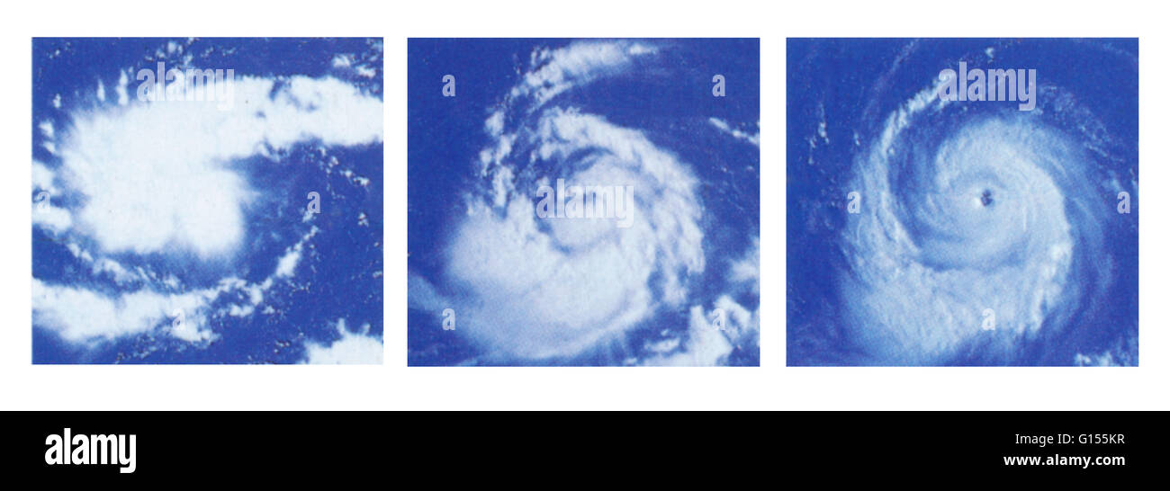 Diese Satellitenbilder zeigen ein Hurrikan entwickeln. Erstes Bild von links nach rechts zeigt, Tag 2, einer wirbelnden Wolke Masse entsteht. (Gewitter als wirbelnde Wolke Masse.) Mittleres Bild zeigt, dass von Tag 4 heftige Winde in der Mitte zu entwickeln. Die letzten ima Stockfoto