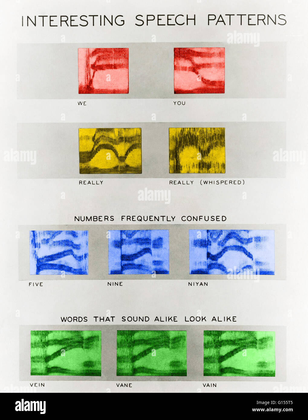 Farbe verbesserte Spektrogramm zeigt Wörter mit interessanten Mustern, zahlen, die häufig verwechselt werden und Worte, die klingen und Aussehen gleichermaßen, wenn analysiert. Spektrogramme, auch genannt ein Sonogramm Rede dienen in vielen Bereichen, einschließlich Musik, Sonar/Radar Stockfoto