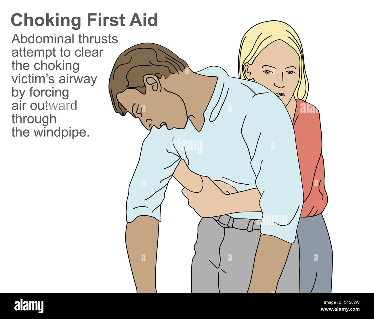 Eine erste-Hilfe-Illustration wie Sie eine Person helfen, die erstickt durch die Gabe von Abdominal-Schübe (Heimlich-Manöver). Stockfoto