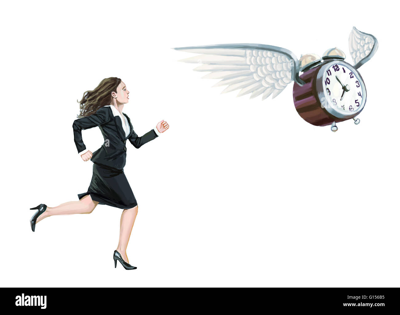 Ein Konzeptbild des Idioms "Time Flies", illustriert die Idee, eine Frau "biologische Uhr" oder sonst jemand, der spät, müde oder überlastet. Stockfoto