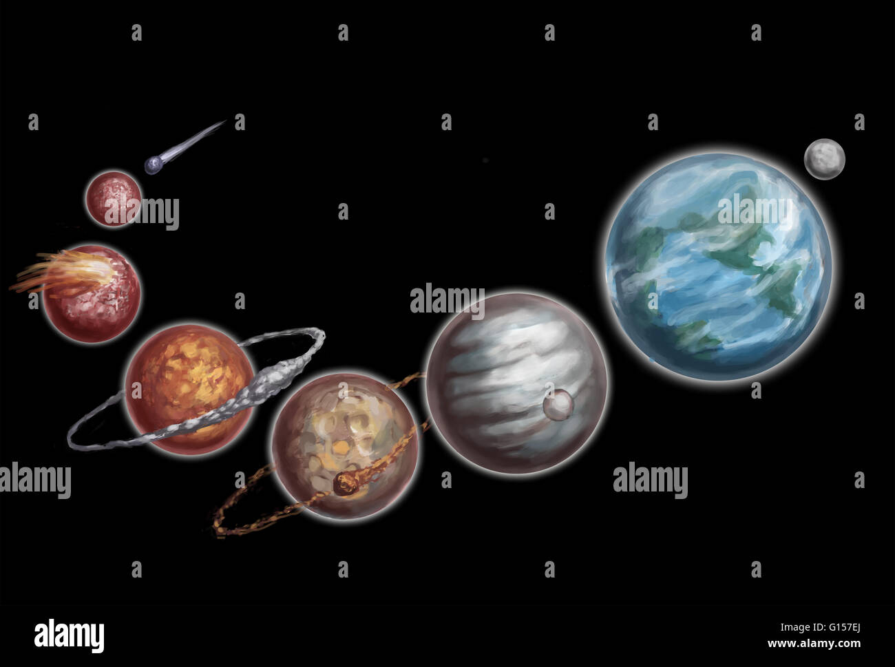 Illustration der Entstehung des Mondes nach der riesigen Auswirkungen-Theorie. Dies ist die am weitesten akzeptierte Theorie der Bildung des Mondes. Er sagt, dass ein Objekt über die Größe des Mars mit der Erde vor etwa 4,6 Milliarden Jahren kollidierte auf der Stockfoto