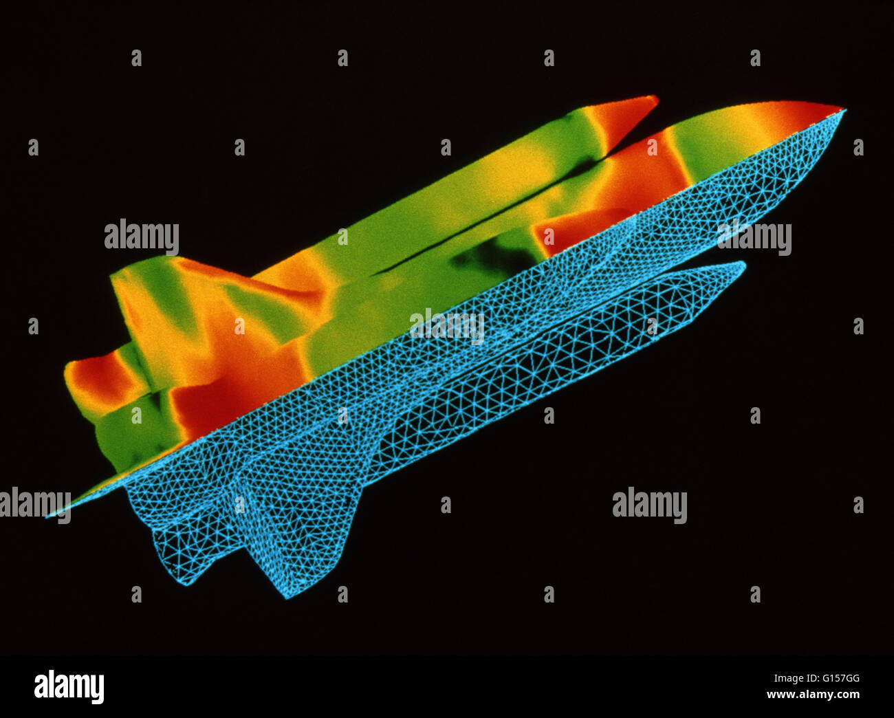 Space Shuttle Druck Karte. Farbige Computer-generierte Karte von statischen aerodynamischen Druck über ein Space Shuttle im Überschallflug beim Start. Das Shuttle ist an seiner externen Tank gesehen und zwei Booster-Raketen, die es ins treiben umkreisen. Ein blauer Raster Stockfoto