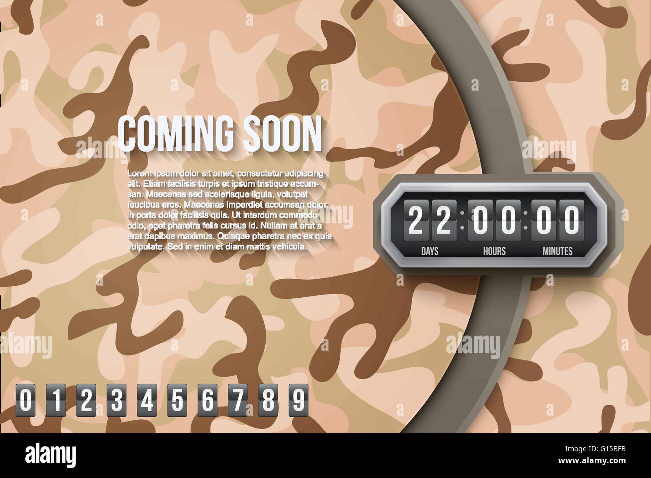 Hintergrund-Coming Soon und Countdown-Timer. Camo-Vektor. Stock Vektor