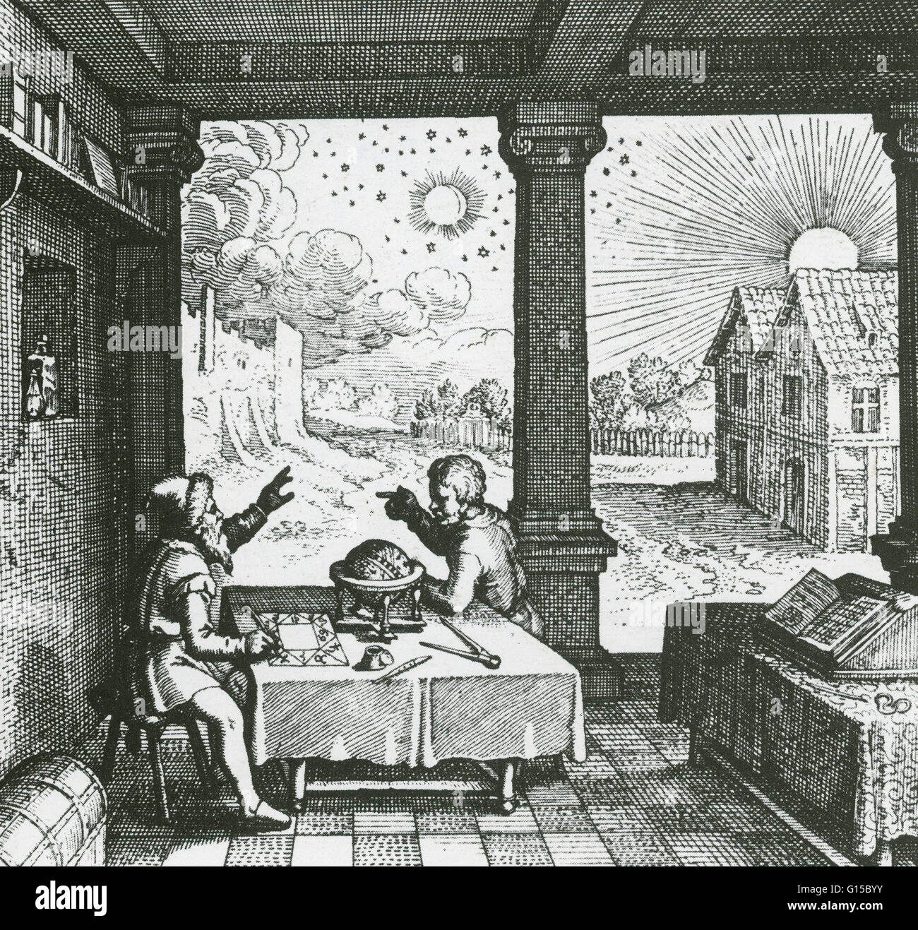 Sofern mit einem Modell der Himmelskugel, Nachschlagewerke und Teiler, ein Astrologe ein Horoskop in diesem Stich aus Robert Fludds Utriusque Cosmi Historia (1617-19) ausarbeitet. Eine Himmelskugel ist eine Darstellung des Himmels, wie von Ea zu sehen Stockfoto