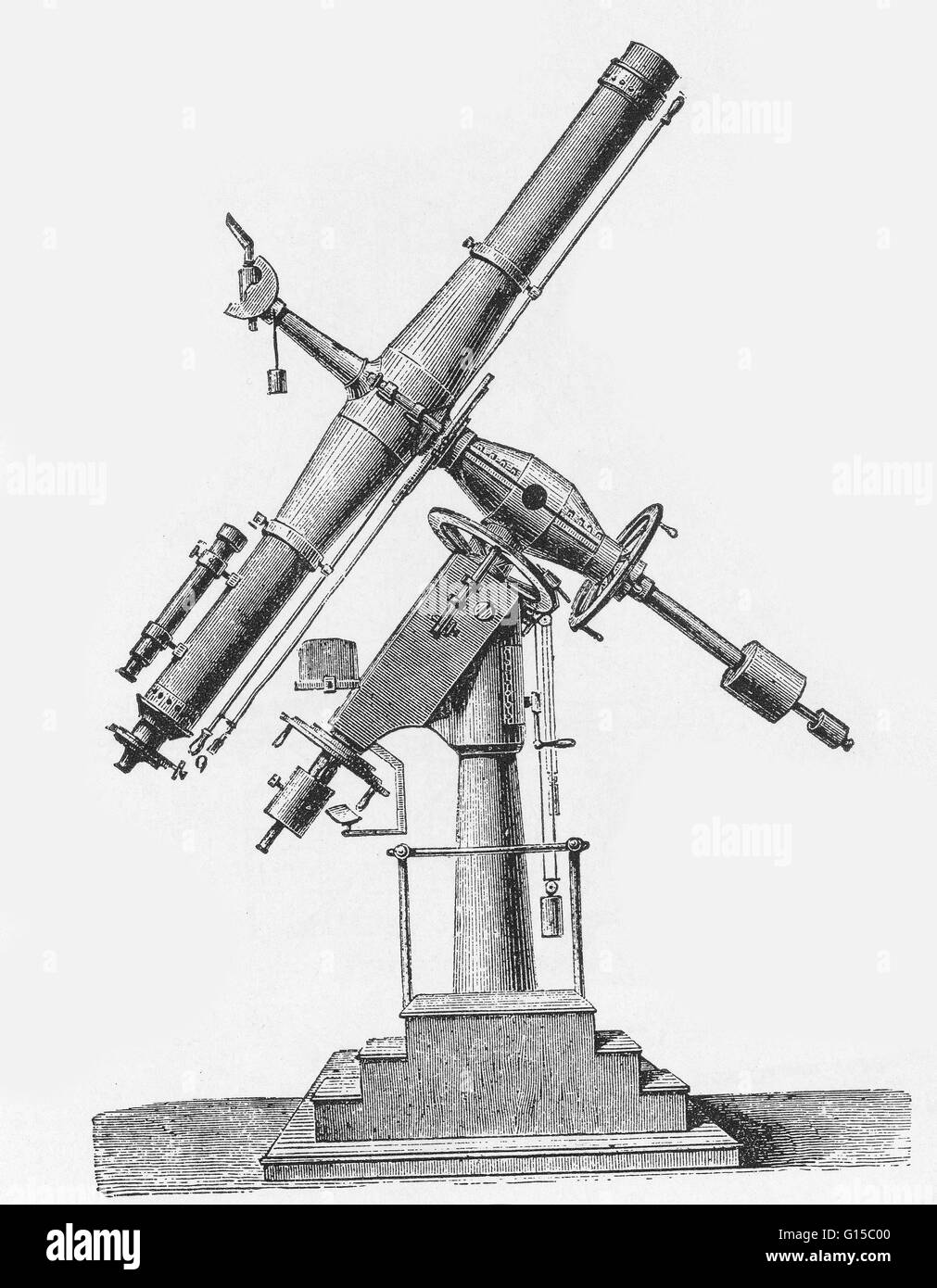 Eine Äquatorial-Teleskop montiert, so dass es zwei Bewegungsachsen im rechten Winkel zueinander, eine parallel zur Achse der Erde hat. Stockfoto