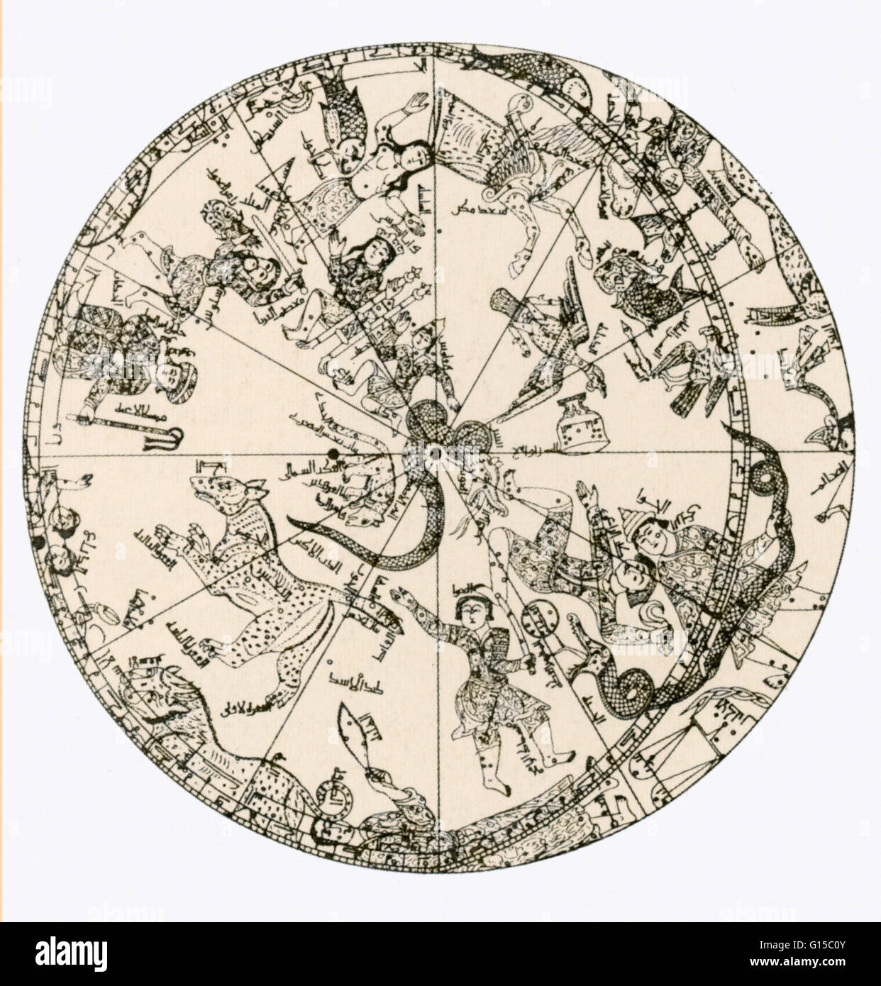 Veranschaulichung der Nordhalbkugel ein Messing Himmelsglobus, Major-General Sir John Malcolm angehören. Die Messing-Globus wurde von Muhammad ibn Hilal, möglicherweise von Maragha, Nord-West-Iran, AD 1275 / 76 gemacht. Stockfoto