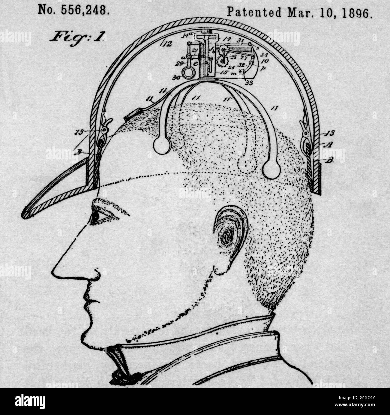 Diagramm eines grüßte Geräts, die von James C. Boyle am 10. März 1896 patentiert wurde. Das Gerät soll "automatisch Effekt höflichen anreden," oder Kipp-Hut, ohne den Einsatz von Händen. Patent Nr. 556.248. Stockfoto