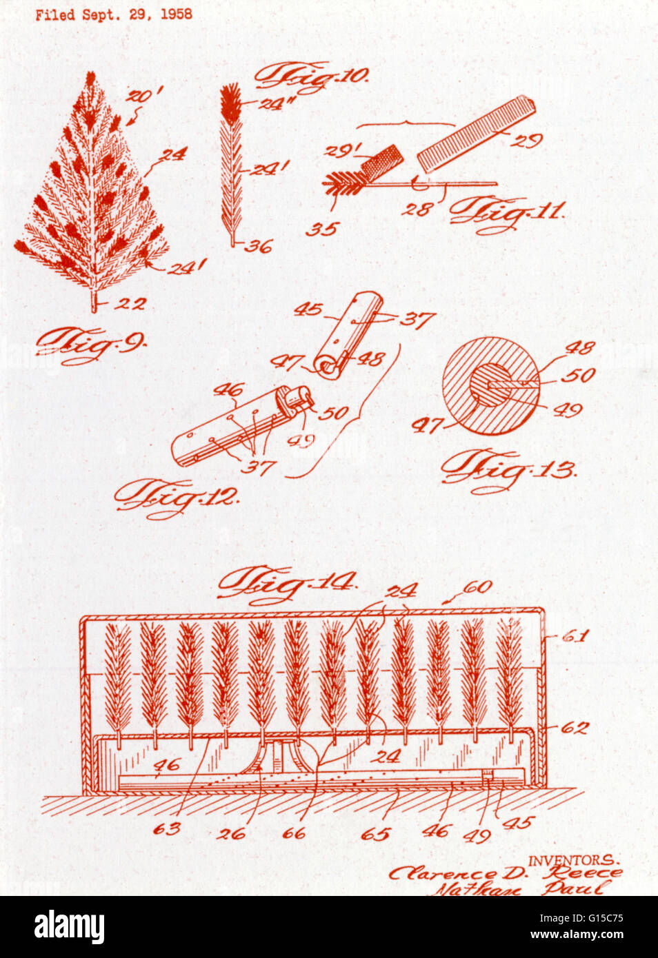 Schematische Darstellung einer Aluminium-Weihnachtsbaum für ein US-Patent eingereicht. Datei am 29. September 1958 Erfinder Clarence D. Reece und Nathan Paul. Stockfoto