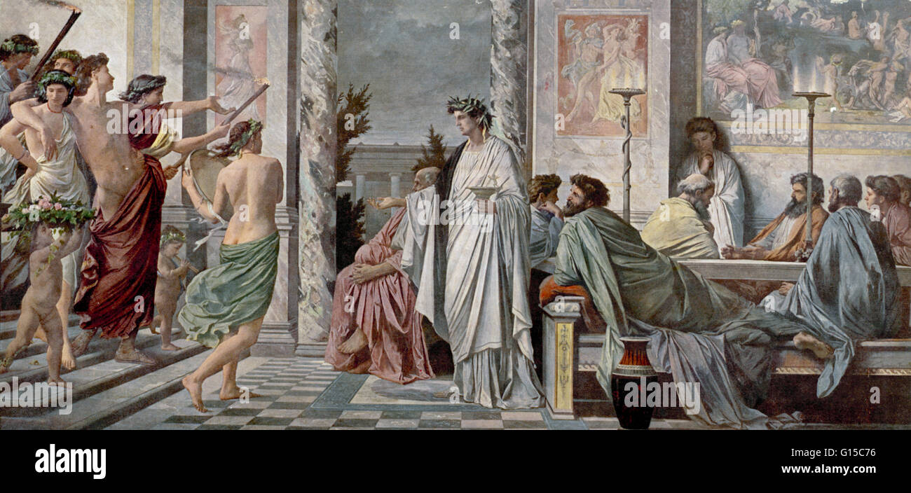 Das Symposium des Plato von Anselm Feuerbach. Plato (424/423-348/347 BC) war ein klassischer griechischer Philosoph, Mathematiker, Schüler des Sokrates, Verfasser der philosophischen Dialoge und Gründer der Akademie in Athen, die erste Institution der höheren Bildung Stockfoto