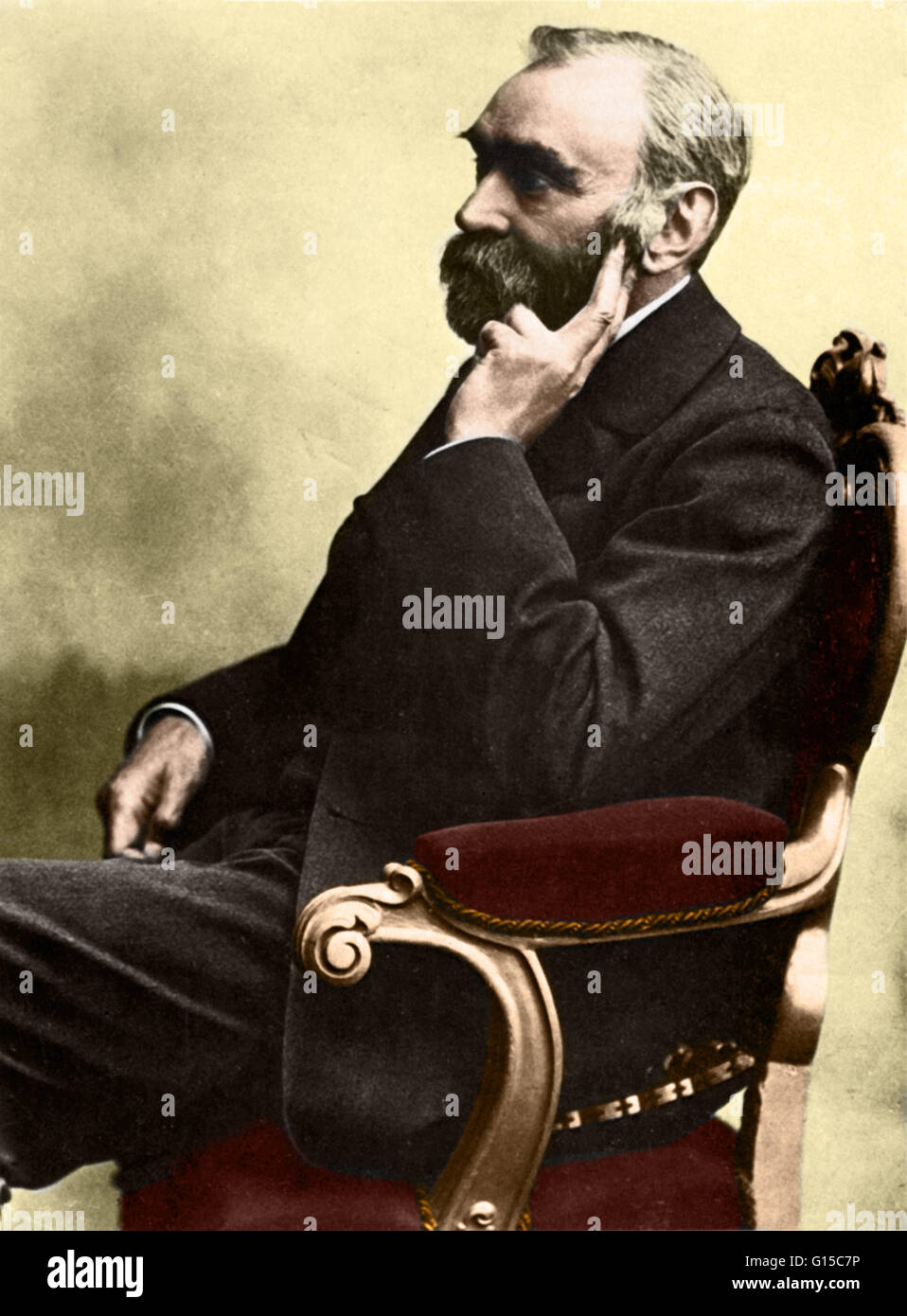 Alfred Bernhard Nobel (21. Oktober 1833 - 10. Dezember 1896) war ein schwedischer Chemiker und Erfinder, trat sein Vater im Geschäft der Herstellung von Sprengstoffen. Er studierte Sprengstoffe wie Nitroglycerin und entdeckte Möglichkeiten, um sie sicherer zu nutzen. In 186 Stockfoto