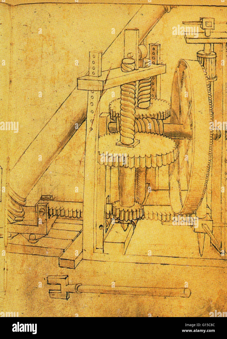 Eine Spalte Lifter von di Giorgio (1439-1502) entworfen. Diese Heber wird von hand betrieben und beschäftigt Zahnrädern, einem Ritzel und Schnecken, eine fahrbare Plattform zu ziehen, auf der die Spalte Basis ruht. Zwischen dem Mittelalter und der Renaissance Siena entwickeln Stockfoto