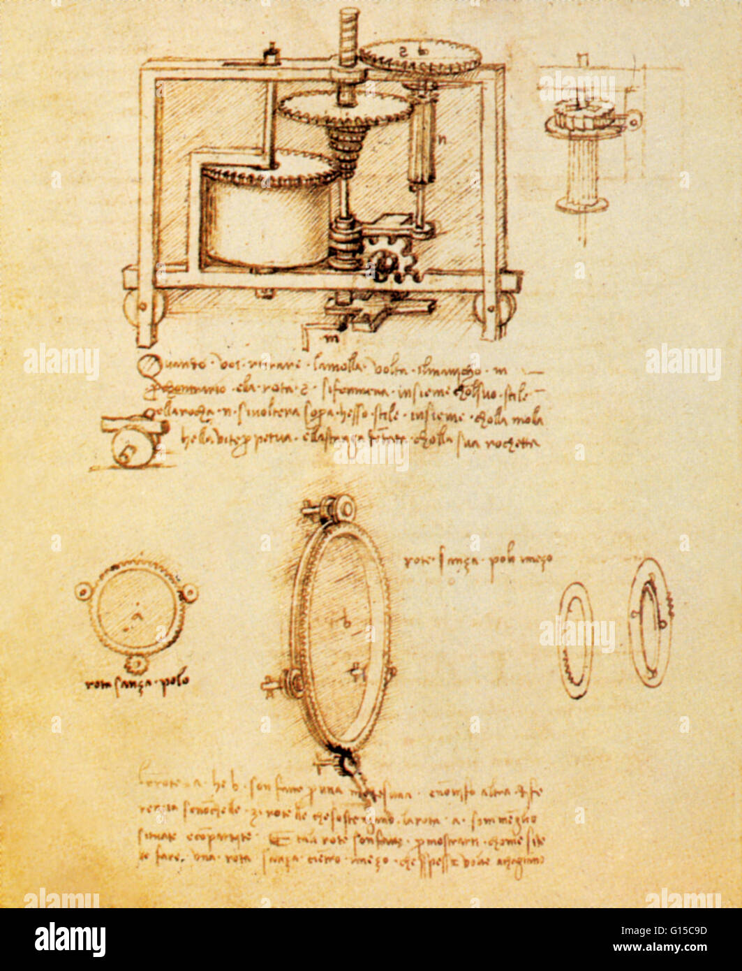 Ein Federmotor von Leonardo da Vinci skizzierte. Ein Federmotor ist eine Vorrichtung zur Regelung der Kraft einer Feder verborgen in einer Trommel. Diese Skizzen zeigen Vermittlung Bewegung in das Rack-System und dem oberen Rand der Spindel angetrieben durch die Wicklung kegelförmige Stockfoto