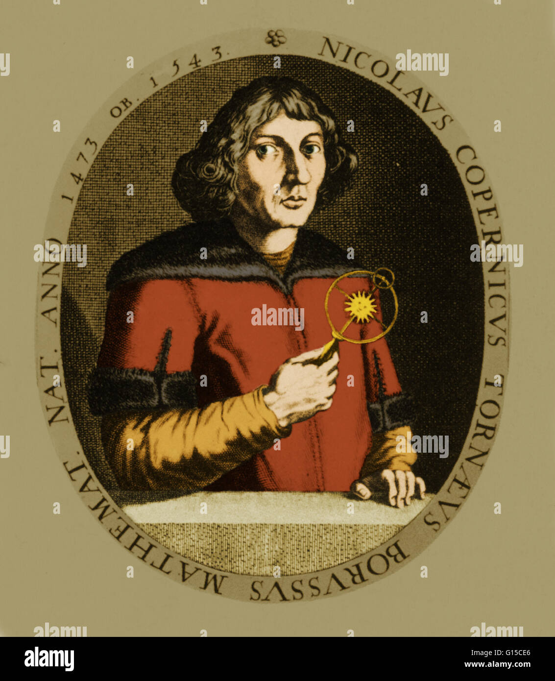 Nicolaus Copernicus (19 Februar 1473-24 Mai 1543) war eine polnische Renaissance Mathematiker und Astronom, ein preußischer Abstammung, formuliert ein Modell des Universums, die die Sonne platziert, anstatt die Erde im Zentrum des Universums. Dieses syste Stockfoto