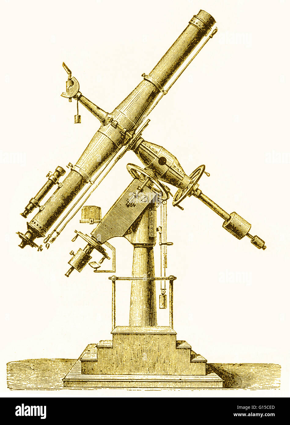 Eine Äquatorial-Teleskop montiert, so dass es zwei Bewegungsachsen im rechten Winkel zueinander, eine parallel zur Achse der Erde hat. Stockfoto