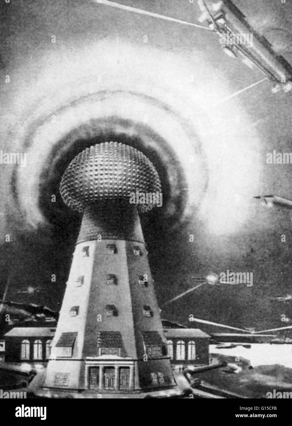 In 1919 veröffentlicht eines Künstlers Projektion wie die fertige Tesla-Turm aus der Zeitschrift "elektrische Experimentator," ausgesehen haben würde. Tesla-Turm (1901-1917) auch bekannt als der Wardenclyffe Tower war eine frühe drahtlose Übertragung Turm entworfen Stockfoto
