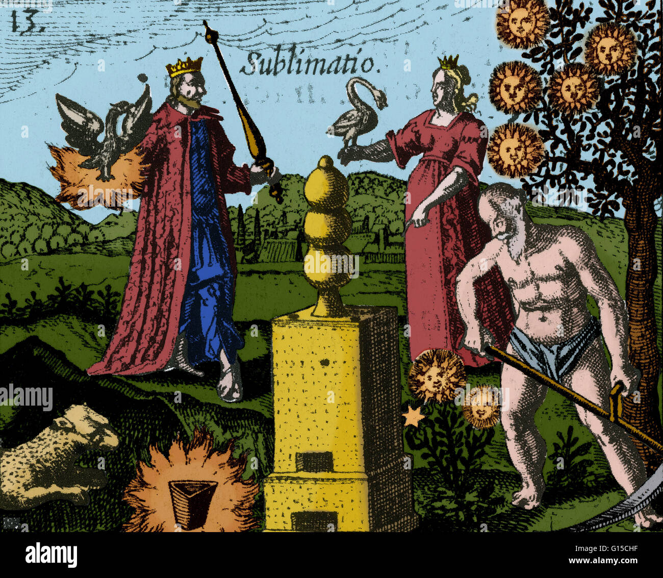 Veranschaulichung mit dem Titel "Selbstbehinderung" aus einem alchemistischen Traktat von 1622. In der Alchemie ist Sublimation Prozess, wobei eine Substanz wird zu Dampf erhitzt und dann als Sediment auf den Hals des Gefäßes Heizung sammelt. Es ist eines der zwölf Kern alch Stockfoto