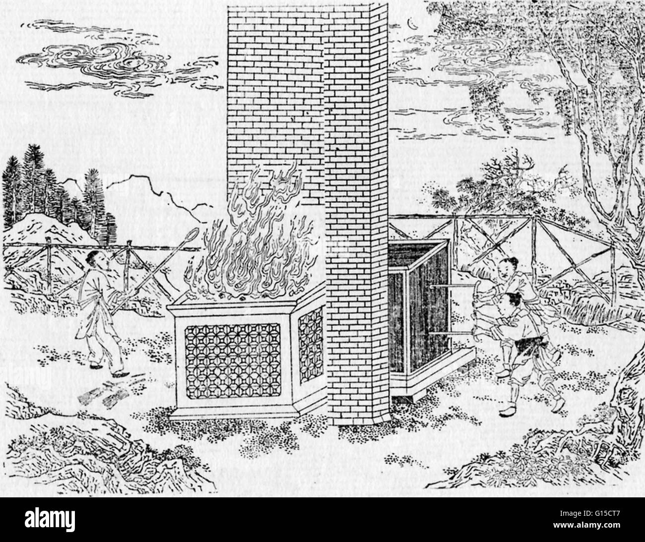 Ming-Dynastie chinesische Silberschmiede Silbererz im Ofen schmelzen. Die Männer, die das Gebläse in Betrieb sind durch die Wand vor der Hitze des Feuers geschützt. Die Abbildung erschien in der Tiangong Kaiwu Enzyklopädie von 1637, geschrieben von th Stockfoto