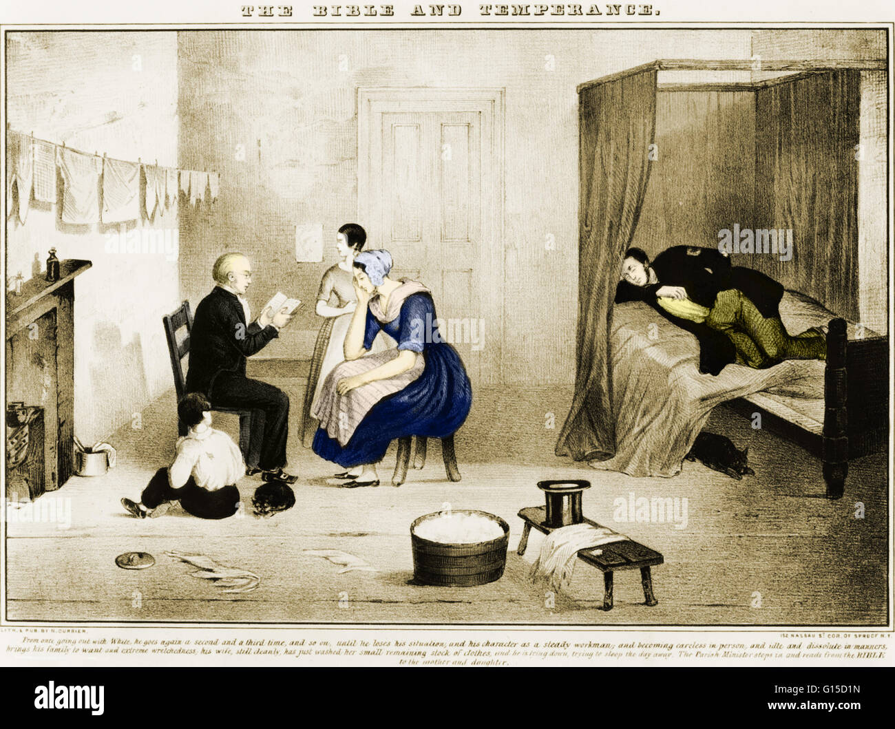 Politische Darstellung eines Ministers lesen aus der Bibel auf verzweifelt ein Alkoholiker Familienmitglieder, wie er den Tag Weg im Bett schläft. Stockfoto