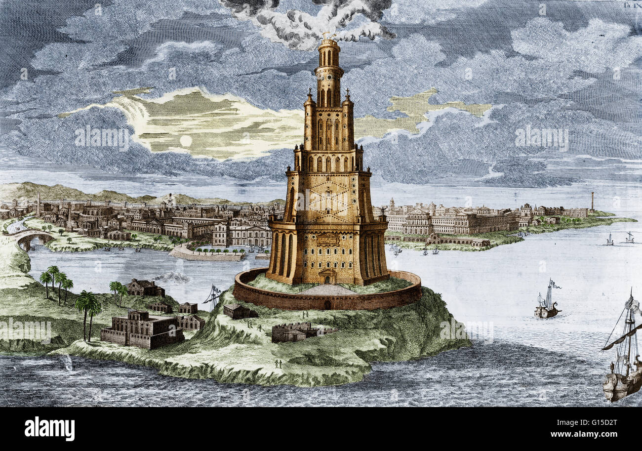Der Leuchtturm in Alexandria, Ägypten wurde im 3. Jahrhundert v. Chr. errichtet. Die Höhe des Leuchtturms war schätzungsweise zwischen 380 und 440 Fuß hoch. Es wurde als eines der sieben Weltwunder der antiken Welt von Antipater von Sidon identifiziert. Die Leuchtturm-w Stockfoto