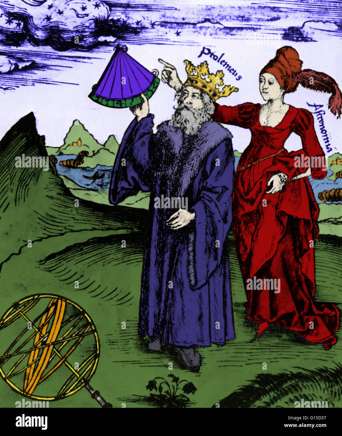 Ptolemäus mit einem Quadranten und geführt von der Muse der Astronomie