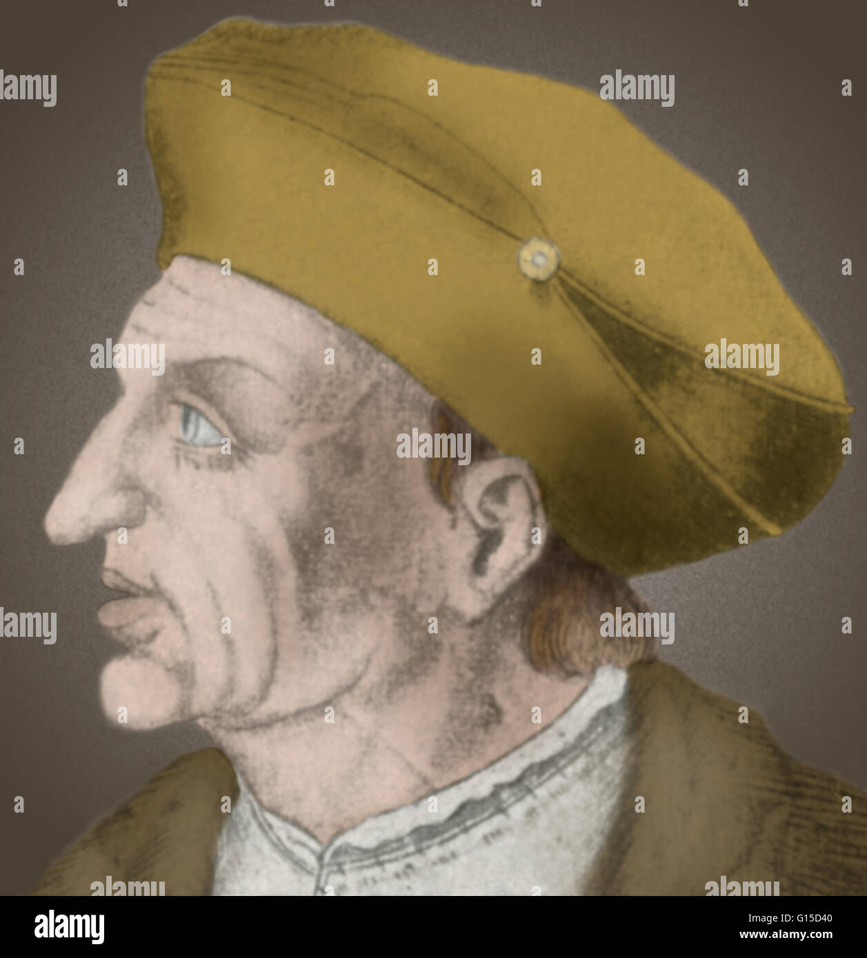 Thomas Linacre (1460-1524) war eine englische Humanist und Arzt. Linacre war mehr eines Gelehrten als Forscher. Er war einer der ersten Engländer Grieche in Italien zu studieren. Die wichtigste Dienstleistung Linacre übertragenen eigenen p Stockfoto