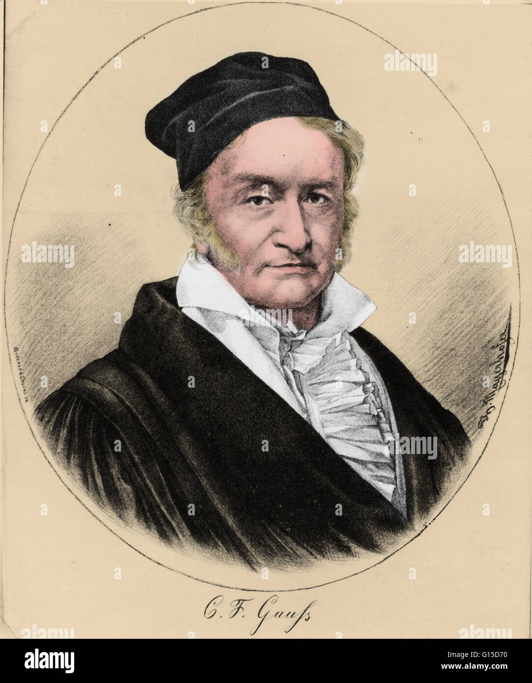 Johann Carl Friedrich Gauß (1777-1855) war ein deutscher Mathematiker und Wissenschaftler, der auf vielen Gebieten, einschließlich der Zahlentheorie, Statistik, Analyse, Differentialgeometrie, Geodäsie, Geophysik, Elektrostatik, Astronomie und Optik maßgeblich. Stockfoto