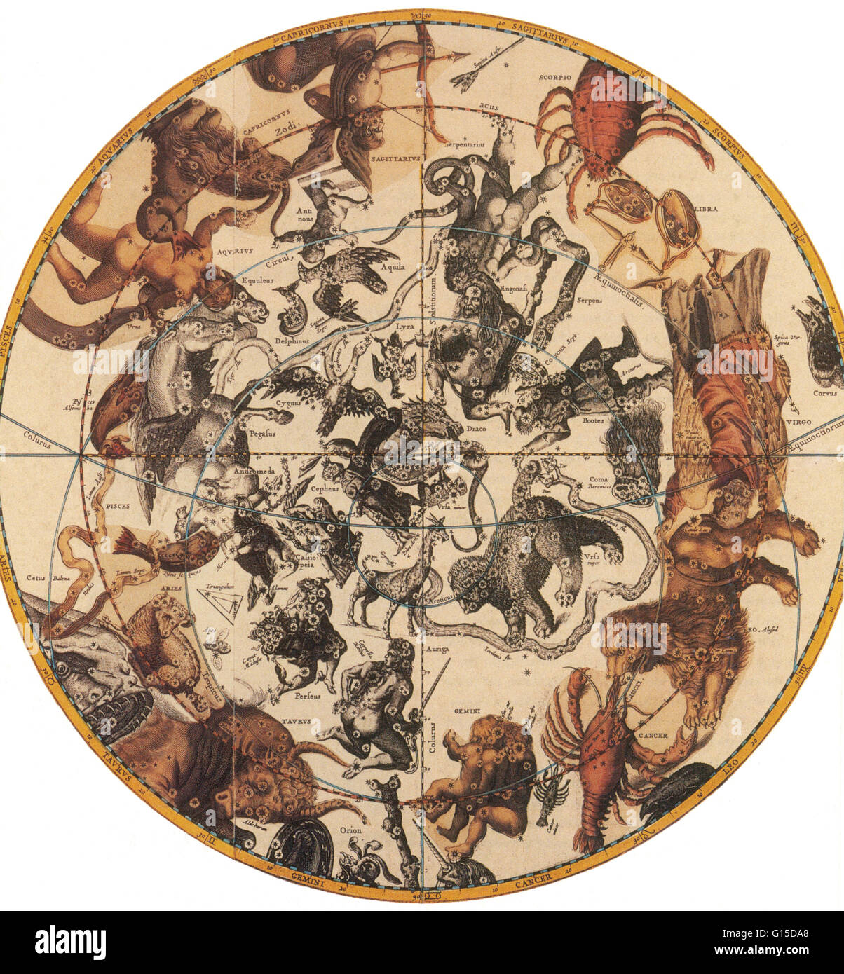 16. Jahrhundert-Karte der Sternbilder der Nordhalbkugel Himmel. Stockfoto