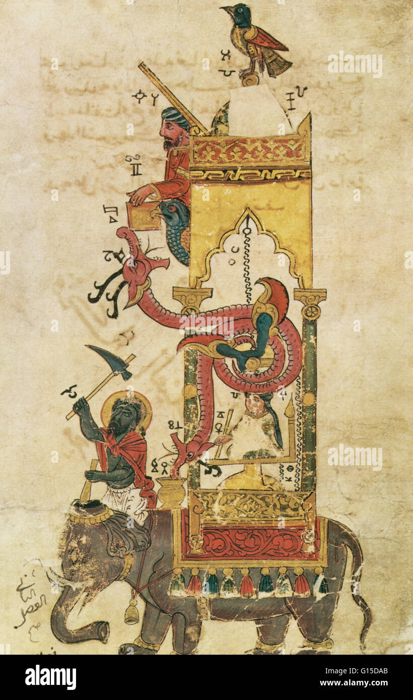 Ein Blatt aus 'Das Buch des Wissens von ausgeklügelten mechanischen Geräten' von Badi al Zaman ibn al-Razzaz al-Jazari, zeigt einem ein Elefanten-Uhr. Das Manuskript, bekannt als "The Automaten von al-Jazari," beschreibt 50 Geräte in 6 Rubriken, von denen das, die erste c ist Stockfoto